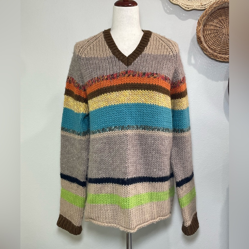 J.Crew Vintage Hand Knitted Wool Sweater Womens Striped Tan Brown Blue Large